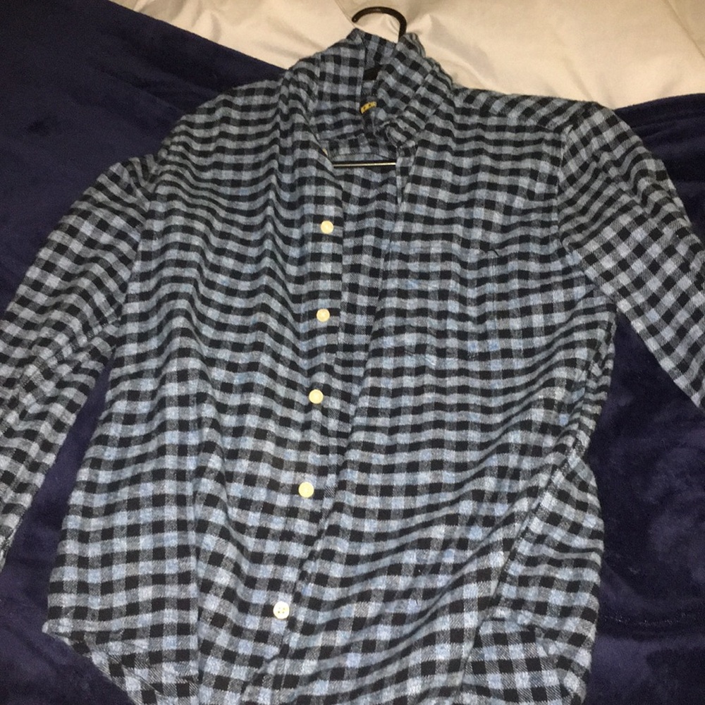 Checkered button-down shirt.